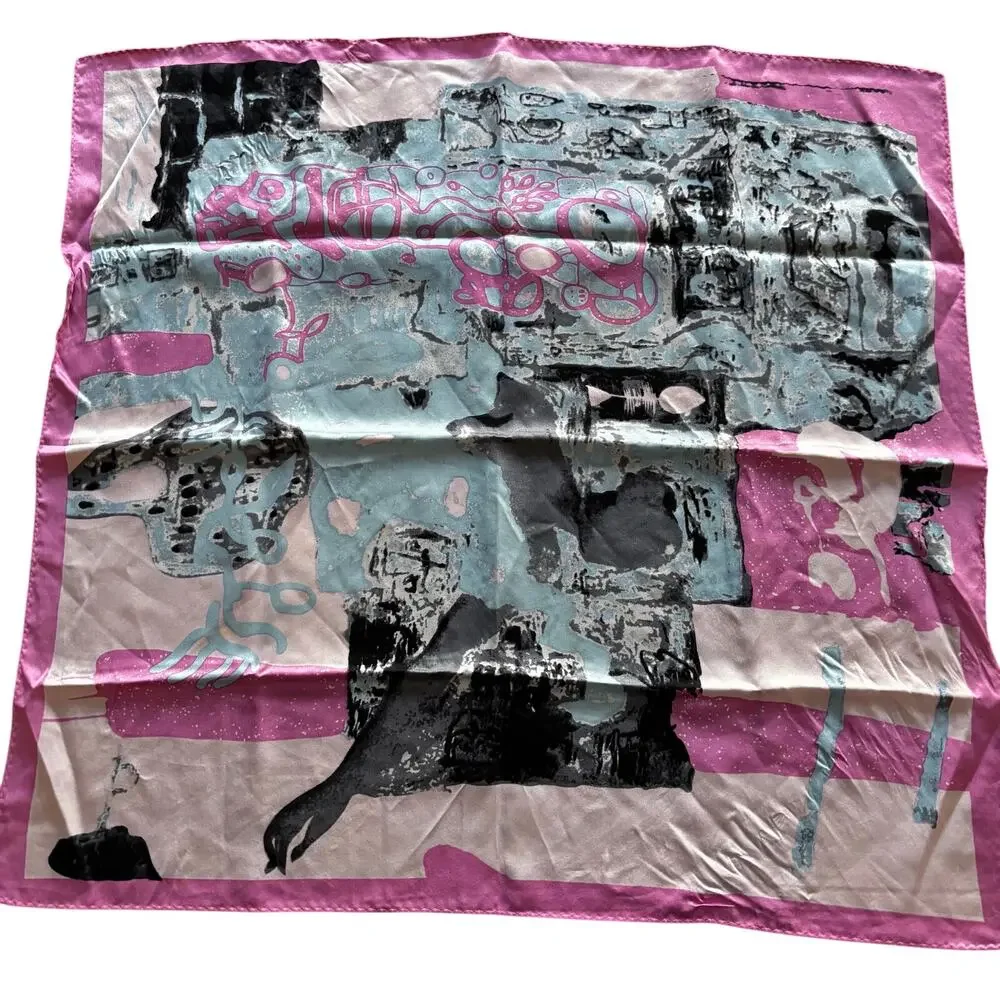 Satin Finish Silk scarf neckerchief square in pink blue modern abstract art look